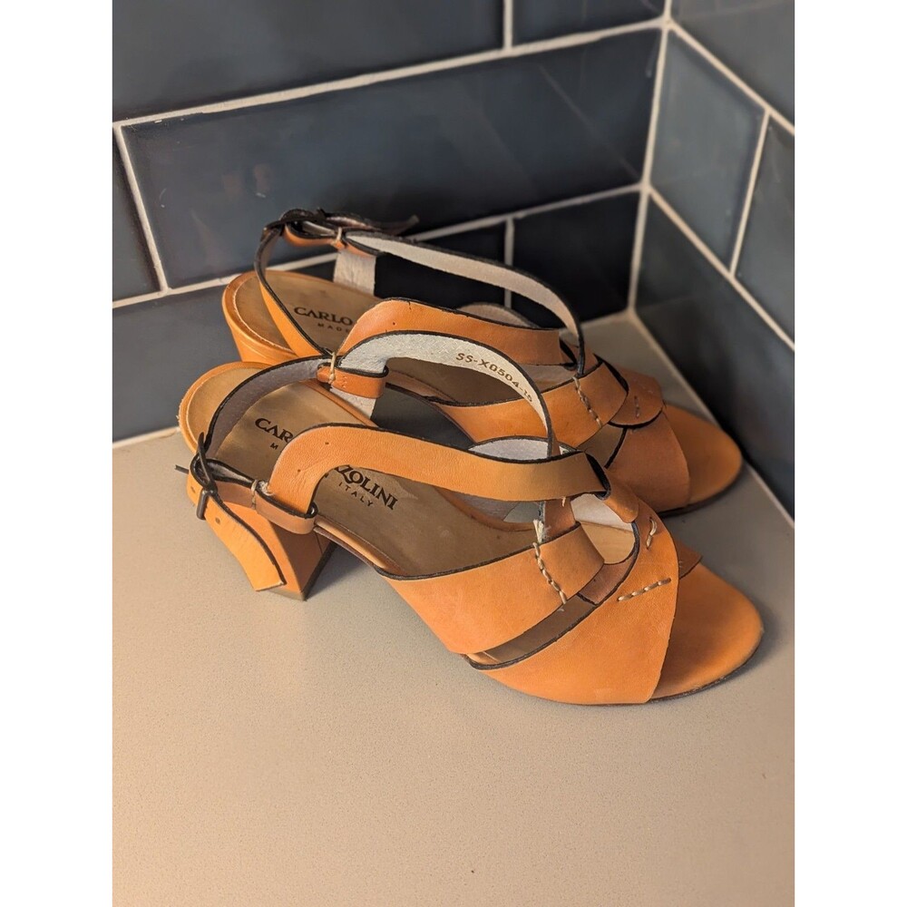 Carlo Pazolini‎ 8 Tan Leather Strappy Wedge Heels Platform Sandals Woodgrain